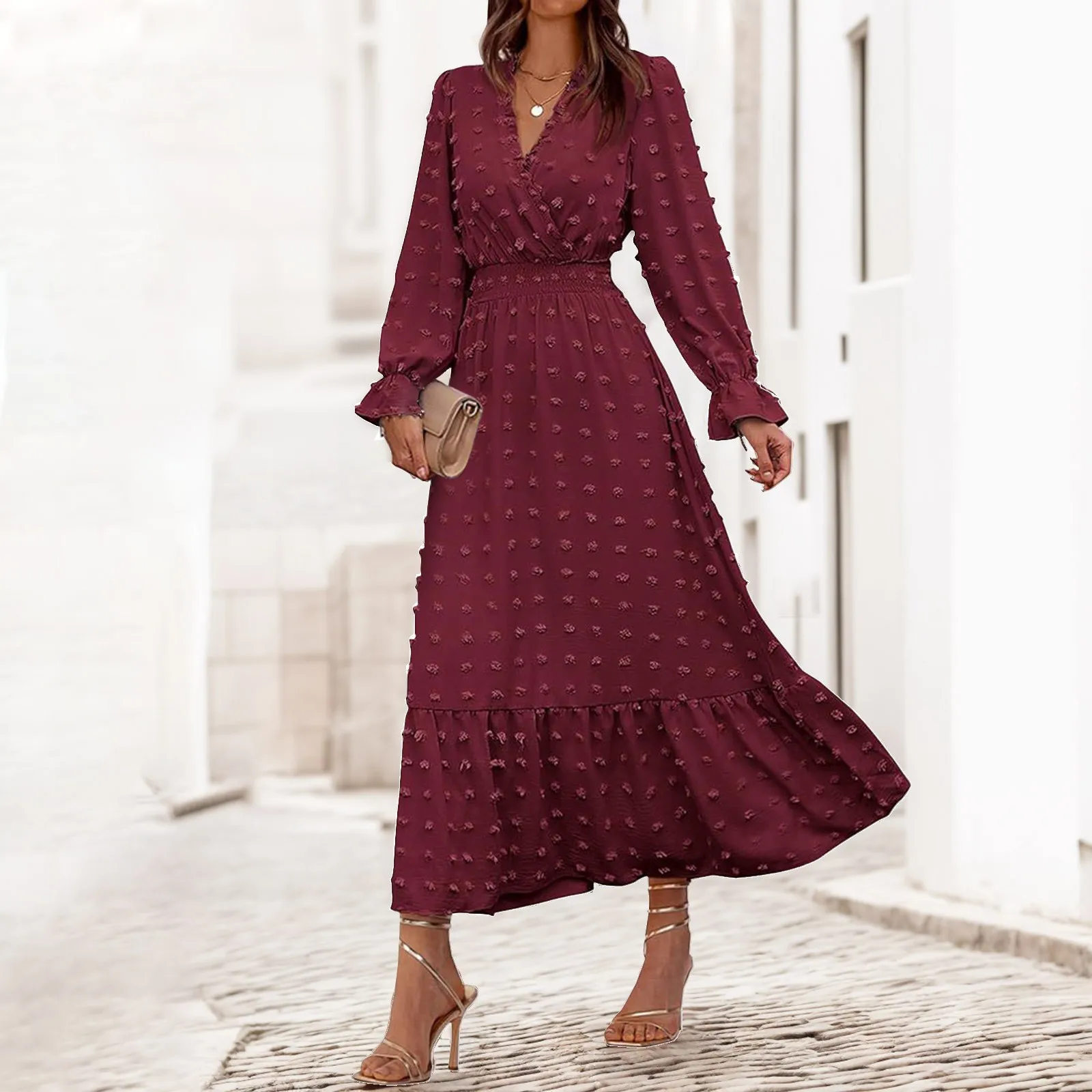 

Women Fall 2024 Long Sleeve V Neck Dots Maxi Dress Boho Long Dress Party Vestidos Solid Color High Waisted A Line Ruffle Dresses