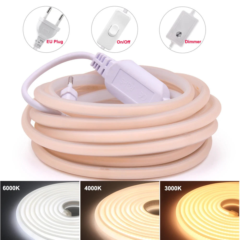 Tira de luces LED COB de neón, 288leds/M, 220V, enchufe europeo CRI RA90, cinta LED Flexible para jardín al aire libre con atenuador/interruptor para cocina y dormitorio