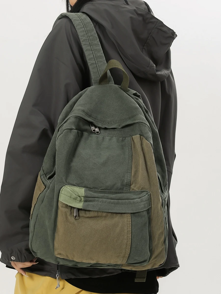 

Retro Fashion Patchwork Contrasting Canvas Large Capacity Backpack For Both Men And Women Outdoor Travel Student Backpack Trendy