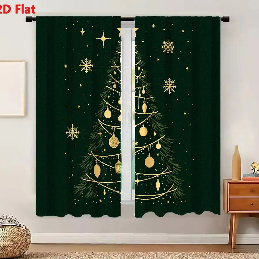 2Pcs Curtains 2D Flat Stylized Christmas Tree With Golden Decorations Baubles Star Bells Snowflakes On Deep Green Background Cla