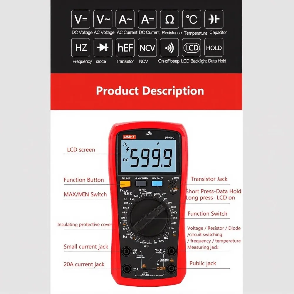 UNI-T UT890C/D+ Is A 6000-count, Manual-ranging True-RMS Digital Multimeter Featuring A Large LCD Display.