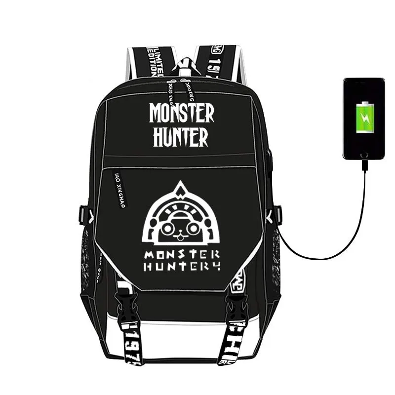 Monster Hunter Dragon USB Designer Bag Backpack Anime Teenagers Student Cartoon Book Bags Back to School Mochila Travel