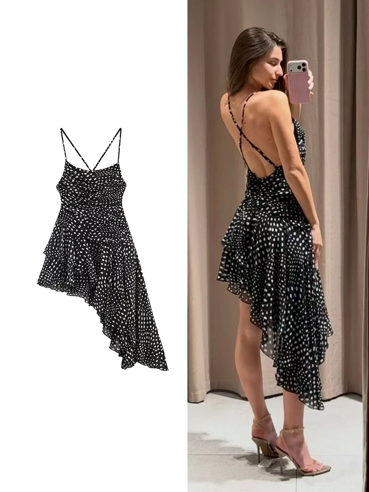 TFMLN Damen Neckholder-Kleid mit Punkten, sexy, rückenfrei, Vintage-Chic, unregelmäßige Falten, Party- und Urlaubsoutfit