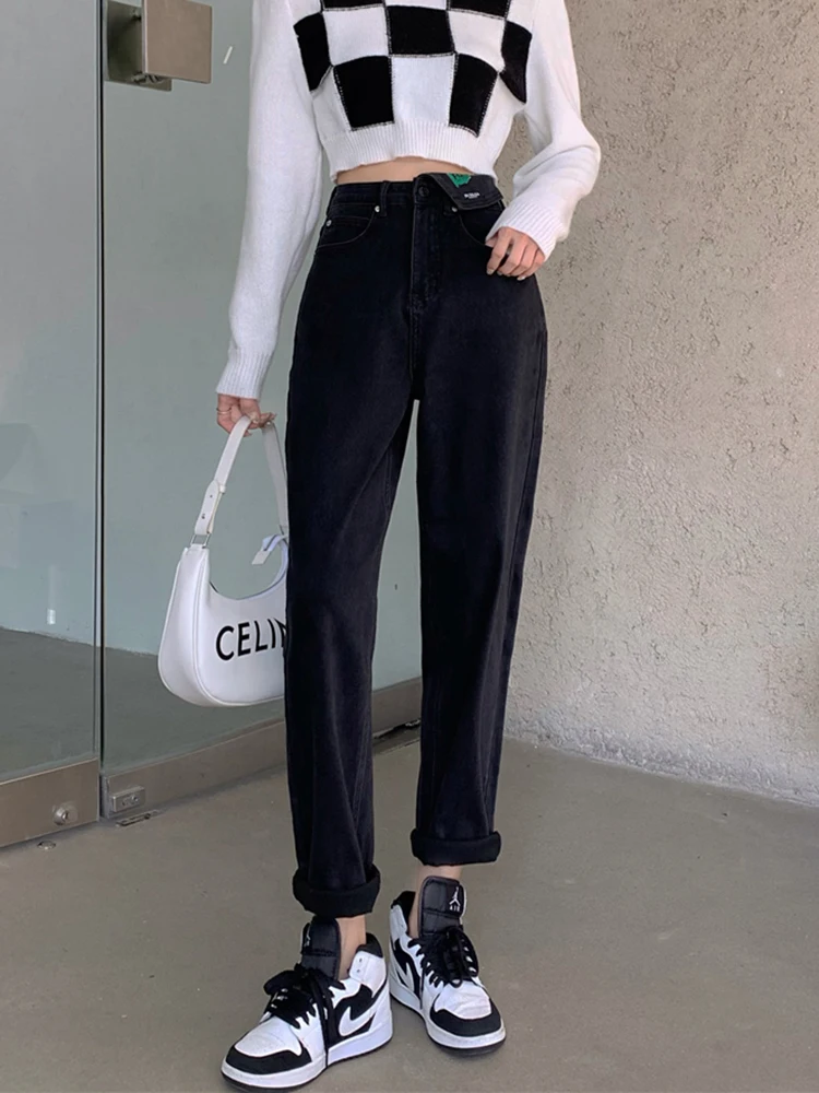 High Waist Harem Jeans Women 2024 New Wide Leg Lapel Waist Black Denim Pants Loose Casual Straight Trousers Office Outfits S-XL