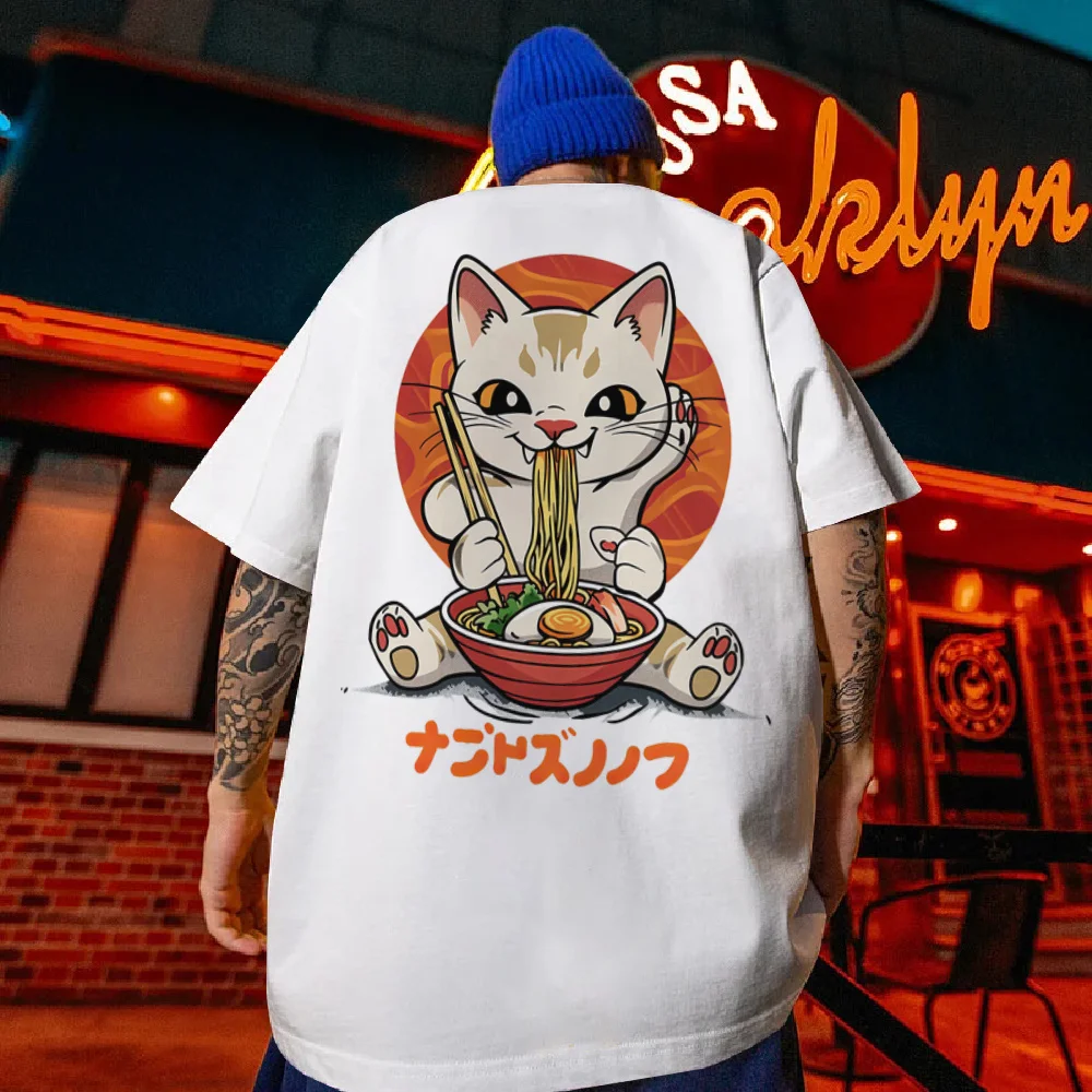 Men\'s T-shirt Sushi Lucky Cat Printed Male Clothing Fashion Casual Short Sleeved Loose Oversized Shirt Street Harajuku Tops Tees