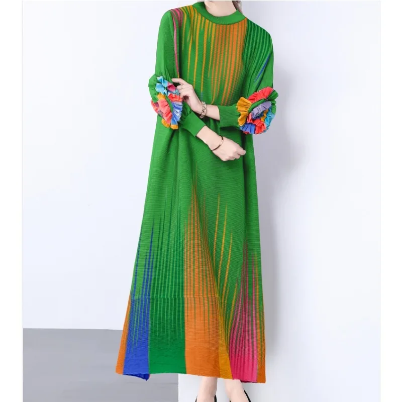 Elegante O-hals Lange Mouwen Chique Kleurverloop Gestreept 3D Bloemen Losse Lange Jurken Mode Avond High Street Winterkleding