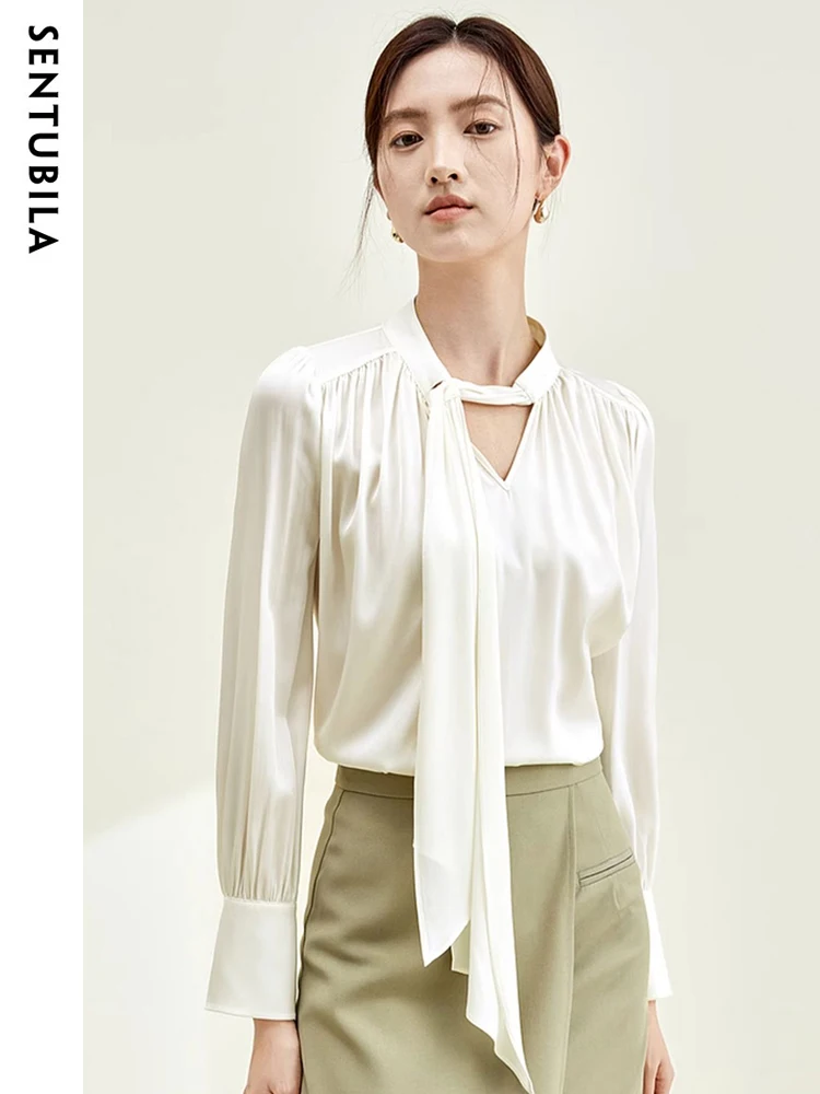 SENTUBILA Elegant Chiffon Blouse for Women 2024 Autumn Bow V Neck Long Sleeve Top Woman Office Lady Shirts & Blouses M33V50342