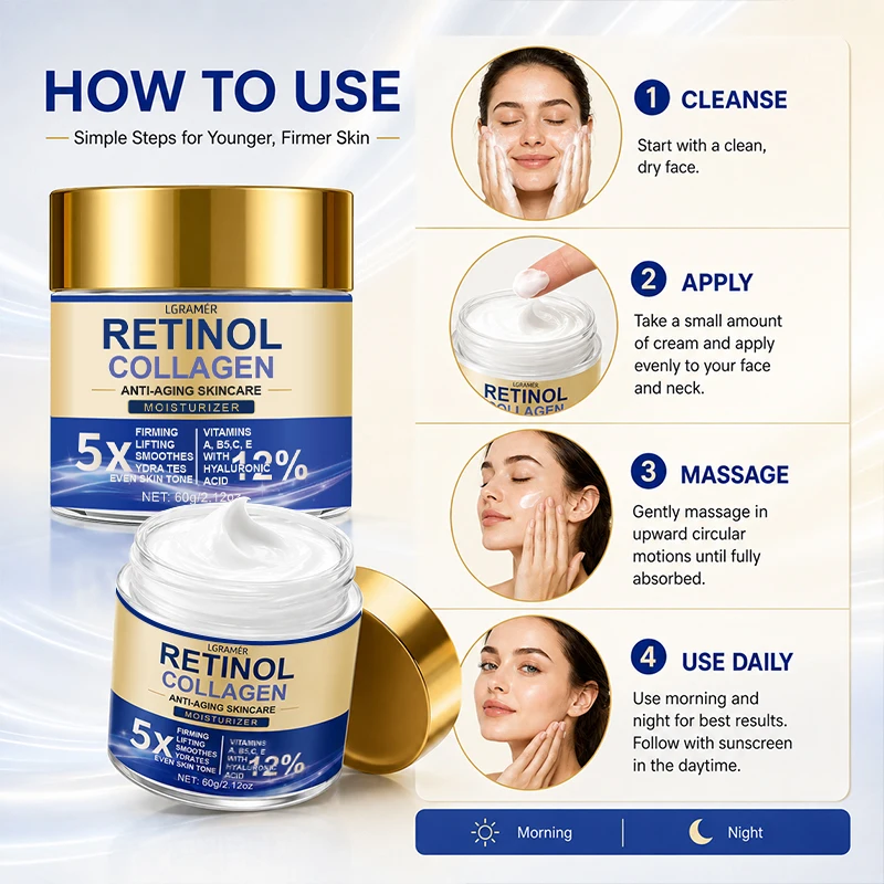 Retinol & Kollagen Gesichtscreme, Feuchtigkeitsspendende Anti-Aging-Creme zur Verbesserung der Hautstruktur, Straffung und Lifting mit Hyaluronsäure – Detail 6