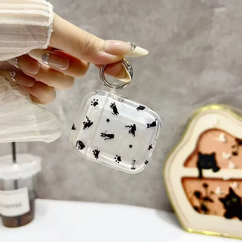 Suitable for cute black cat transparent earphone shell, transparent shockproof protective cover with keychain