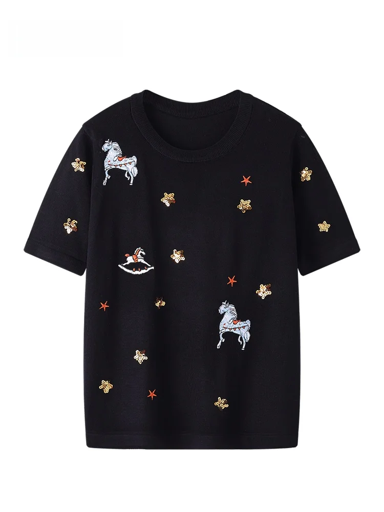 

JZZDEMM Star Sequin Embroidery Summer Women's Knitted ort Sve Top oulder Width Regular Fit Comfortable Vintage Sle