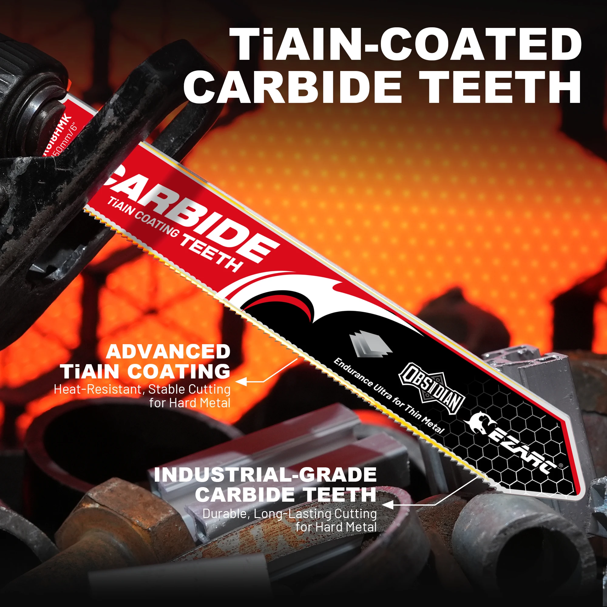 EZARC 150mm 18TPI Obsidian Carbide Reciprocating Saw Blades 2PC for Thin Metal, TiAlN-Coated Metal Cut Tool