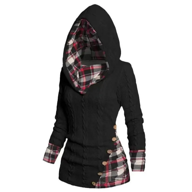 2024 Autumn Winter Chic Plaid Hooded Dress Women Knit Sweater Long Sleeve A Line Style With Trendy Splicing Perfect Casual Wear