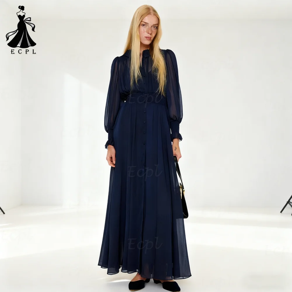 Ecpl Boho Chiffon A-Line Party Dresses Long Puff Sleeves Buttons Prom Gown Flooفساتين حفلات شيفون على شكل حرف a من Ecpl Boho بأكمام طويلة منتفخة وأزرار فستان حفلات بطول الأرض pläееее femenško seara مصنوع حسب الطلب 2025 #1