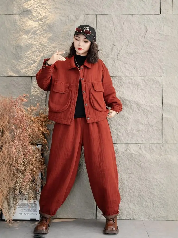 Autumn Winter Solid Color Cotton Linen Elastic Waist Wide Leg Pant Women LX2414