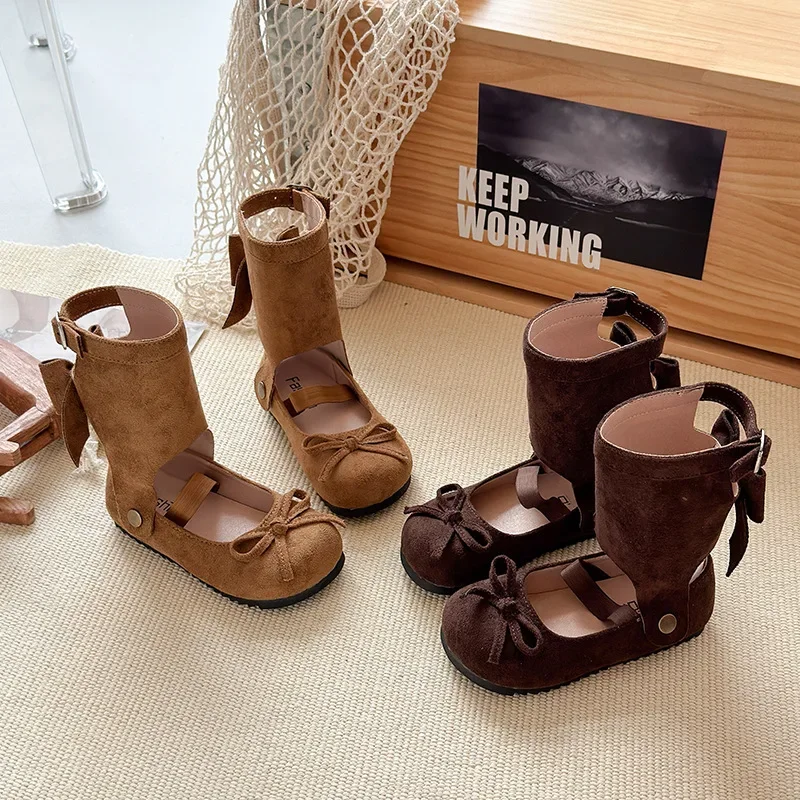 

Girls Leather Boots Removable Sweet Kids Princess Boots with Simple Bows 2025 Autumn New Children Casual Fashion Boots Soft Sole