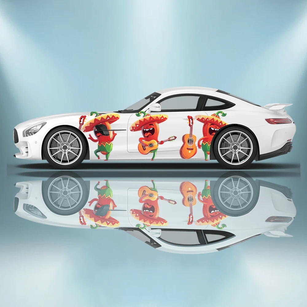 

Играющая гитара дьявола, красный чили, автомобильные виниловые наклейки, самоклеящаяся наклейка из ПВХ, подходит для грузовиков, внедорожников, декора, автоаксессуары