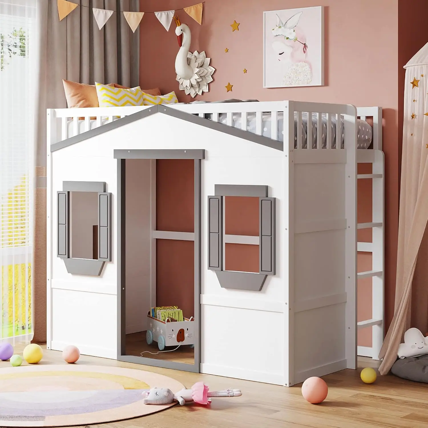 House Loft Bed Twin Size with Under-Bed Play Area for Kids,Solid Wood Loft Bed Frame with Safety Guardrails &, Customized