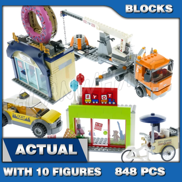 

848pcs City Donut shop opening Coffee Cargo Bike Crane Trailer Truck Van Town 11392 Building Block sets Compatible With Model