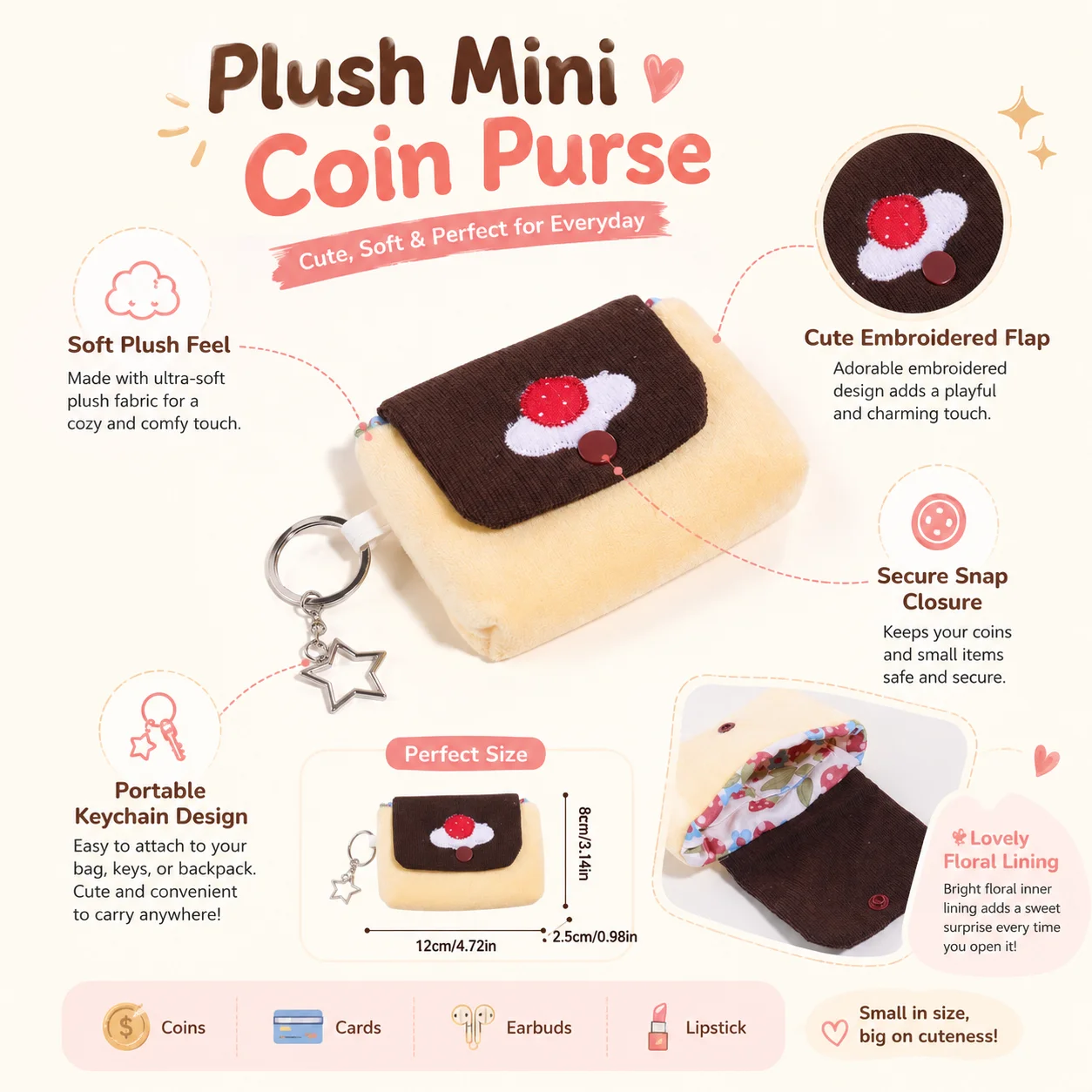 Cute Cherry Pudding Plush Mini Coin Purse With Snap Closure Keychain Portable Small Pouch For Cards Earphones And Essentials view 3