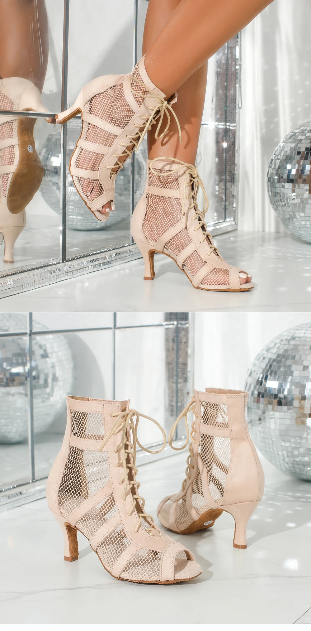 Rote Damen High-Top-Latin-Tanzschuhe, Ballroom-, Pole- und Jazz-Tanzstiefel, weiche Sohlen, Damen-Tango-/Salsa-Mesh-Tanzschuhe mit hohen Absätzen – Detail 9