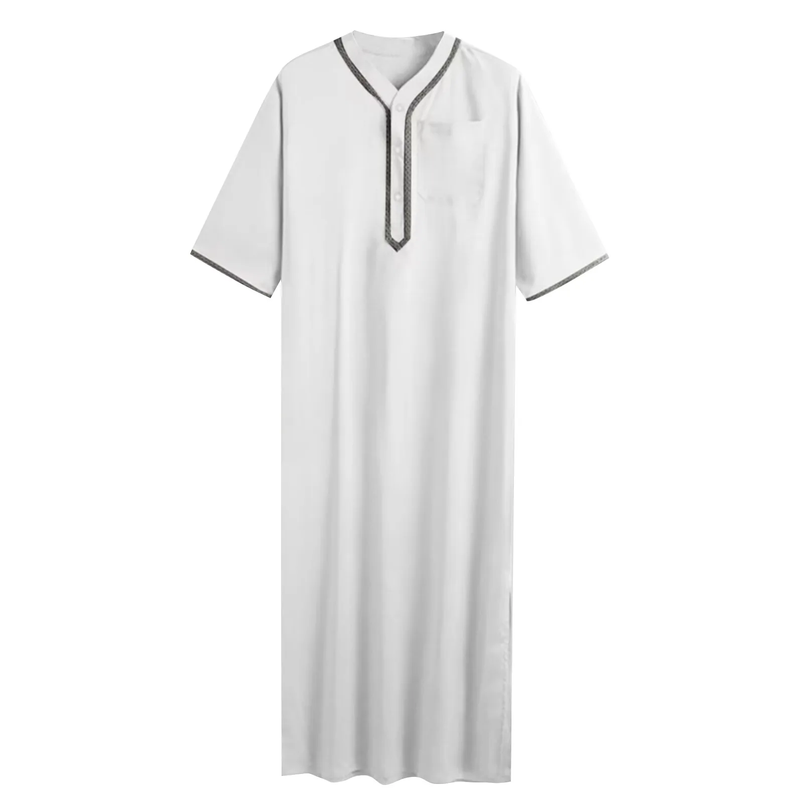 Summer Men'S Muslim Clothing Simple Solid Color Patchwork Button V-Neck Loose Robe Daily Casual All-Match Straight Jubba Thobe