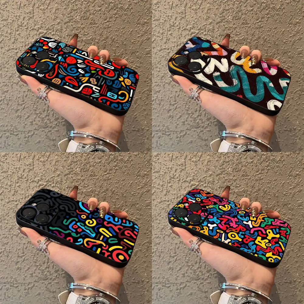

Colorful Line Graffiti Phone Case For iPhone 16,15,14,13,12,11,Pro,XS,Max,XR,Plus,E,SE4,Mini Black Soft Box