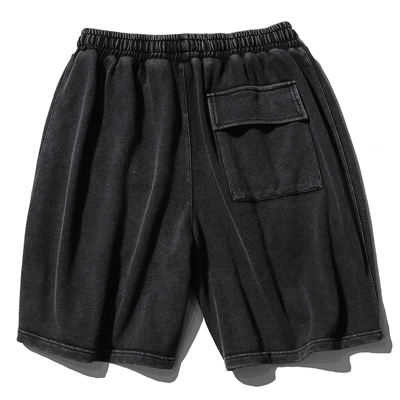 Summer New Distressed Shorts Men\'s Japanese Washed Retro Streetwear Black Loose Casual Drawstring Elastic Waist Short