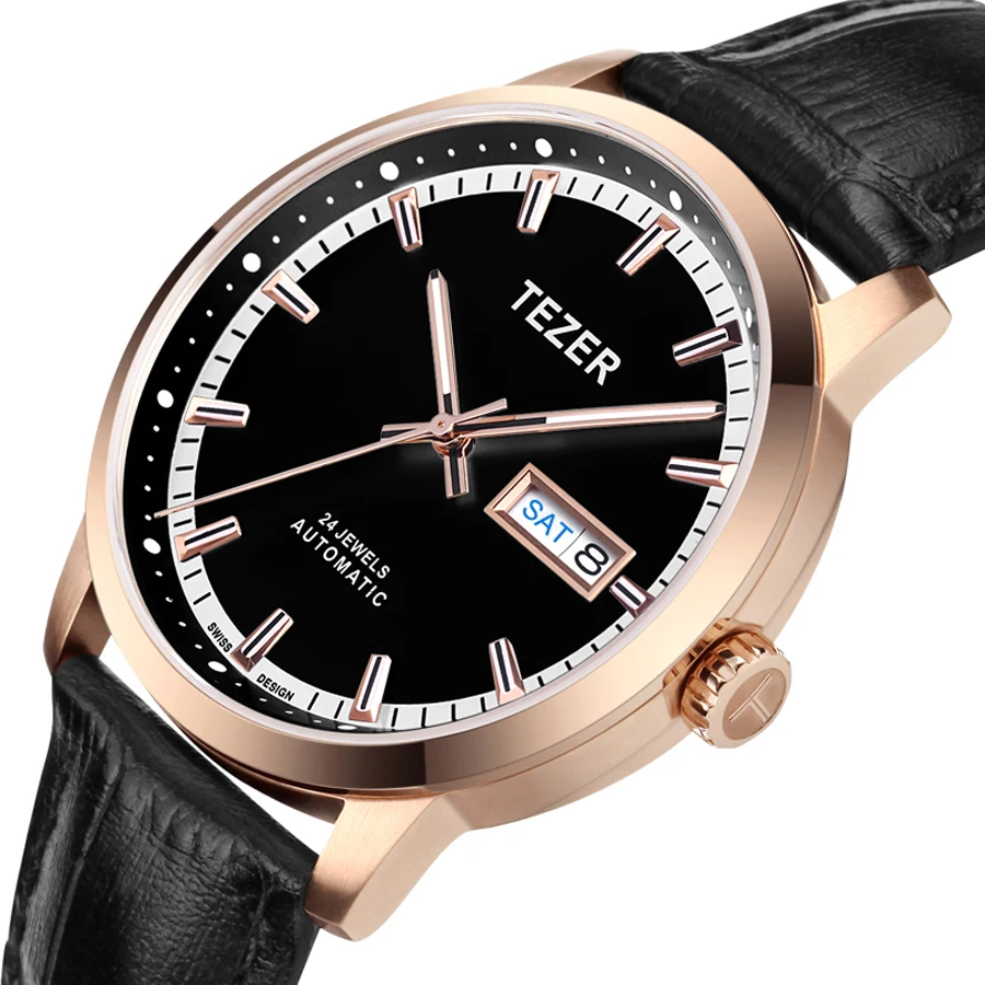 TEZER Men Automatic Watch | Rose Gold Steel Case | Solid Black Dial | Dual Week Calendar | 5ATM Waterproof Mechanical Wristwatch