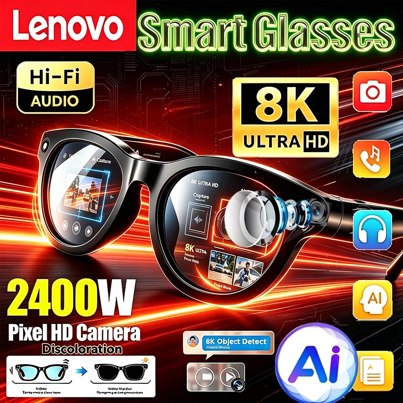 Lenovo AI Recording Wireless Smart Glasses 4K Remote Control Touch Photo Camera Translator Bluetooth Voice Assistant Sunglasses