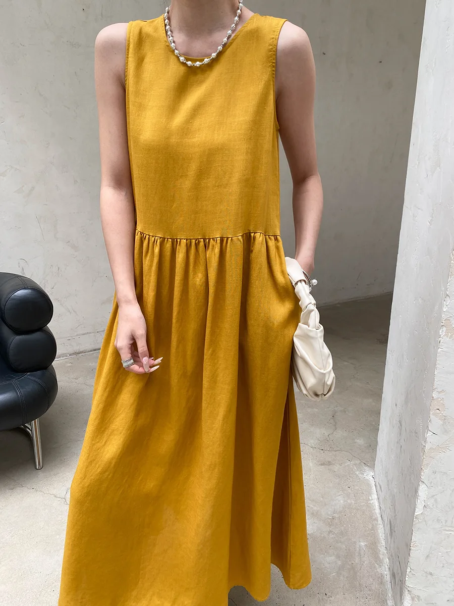 Sommerliches, lässiges, einfarbiges, ärmelloses Patchwork-Kleid mit Rundhalsausschnitt für Damen – Detail 3
