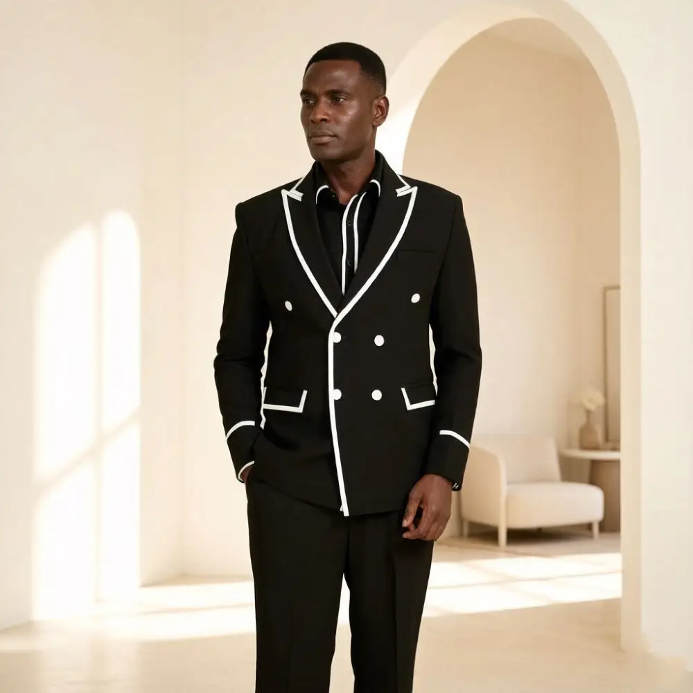 Luxury Black Double Breasted Suits for Men Piping Details 2 Pieces Wedding Mix Match Separates Suitable for Formal Occasions