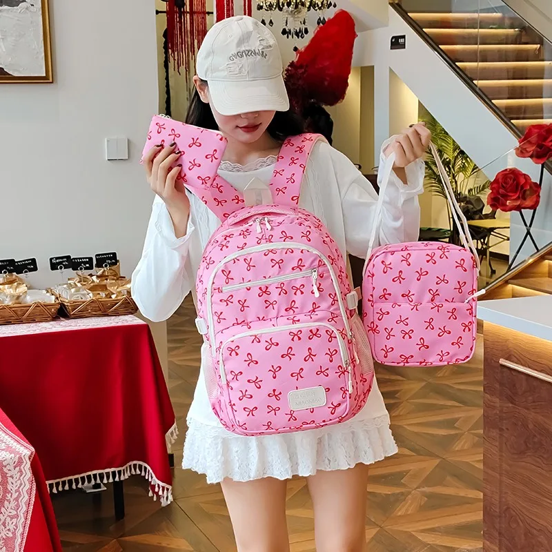 3pcs Bow Decor Large Capacity Backpack Stylish Bag for Student Travel Daily Use