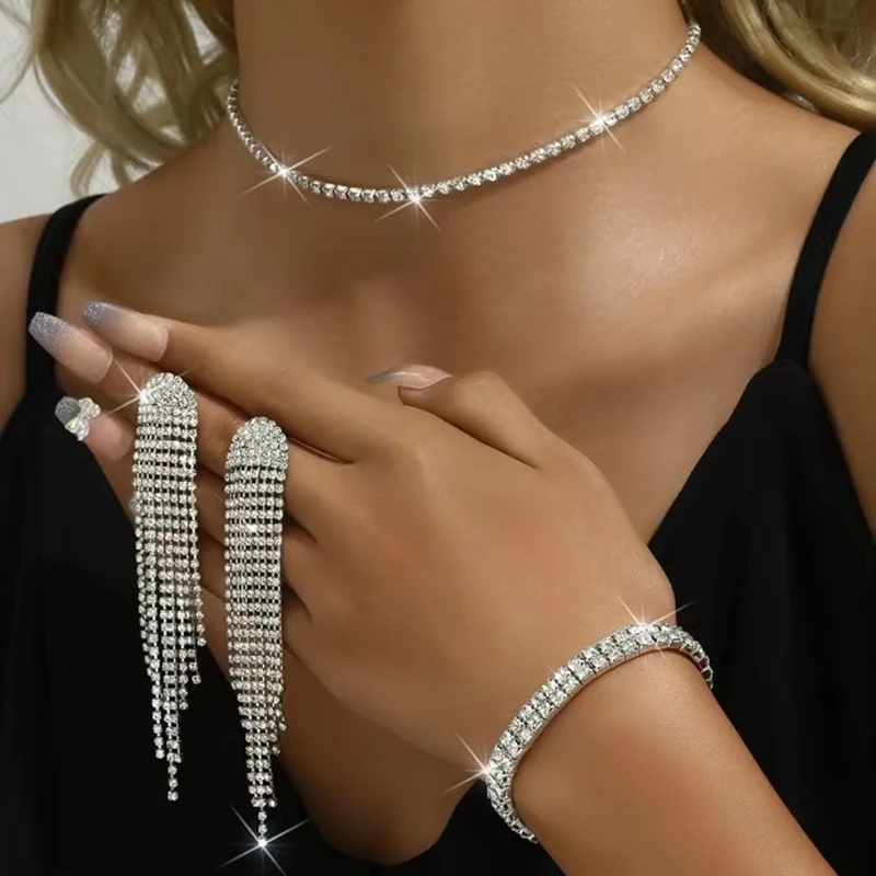 Women's Luxurious Rhinestone Jewelry Set, Choker, Earrings, Bracelet & Ring