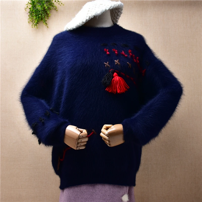 

Female Women Spring Winter Clothing Blue Knitted Angora Rabbit Hair Knitted Long Sleeves Loose Angora Pullover Jumper Sweater