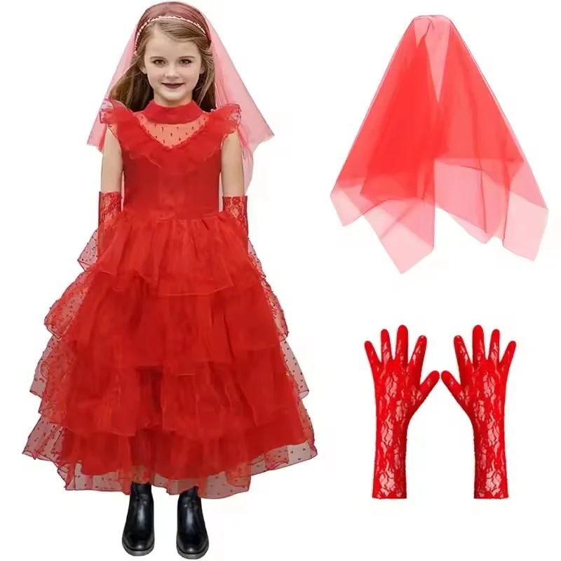 

Carnival Party Ghost Bride Cosplay Costume Baby Girl Red Wedding Dress Children's New Year Princess Layered Dress 4-14 Years Old