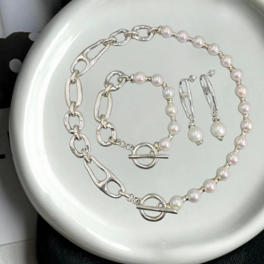 2026 Spain Medieval Cool Style Gold Silver Chain Pearl Splicing Set Jewelry Three Piece Set Neutral Gift