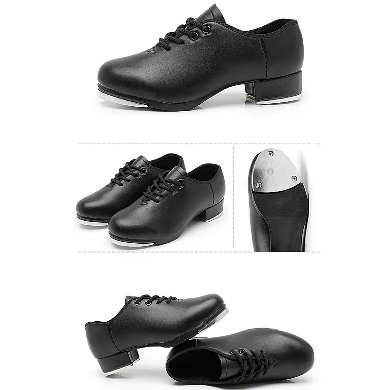 Zapatos de cuero para hombre y mujer, zapatos de claqué gemelos Gore con cordones, zapatos de baile de claqué de Jazz, zapatos de baile cómodos de charol negros