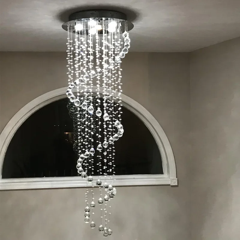 Duplex stairs crystal long chandelier light luxury simple LED rotating villa floor round