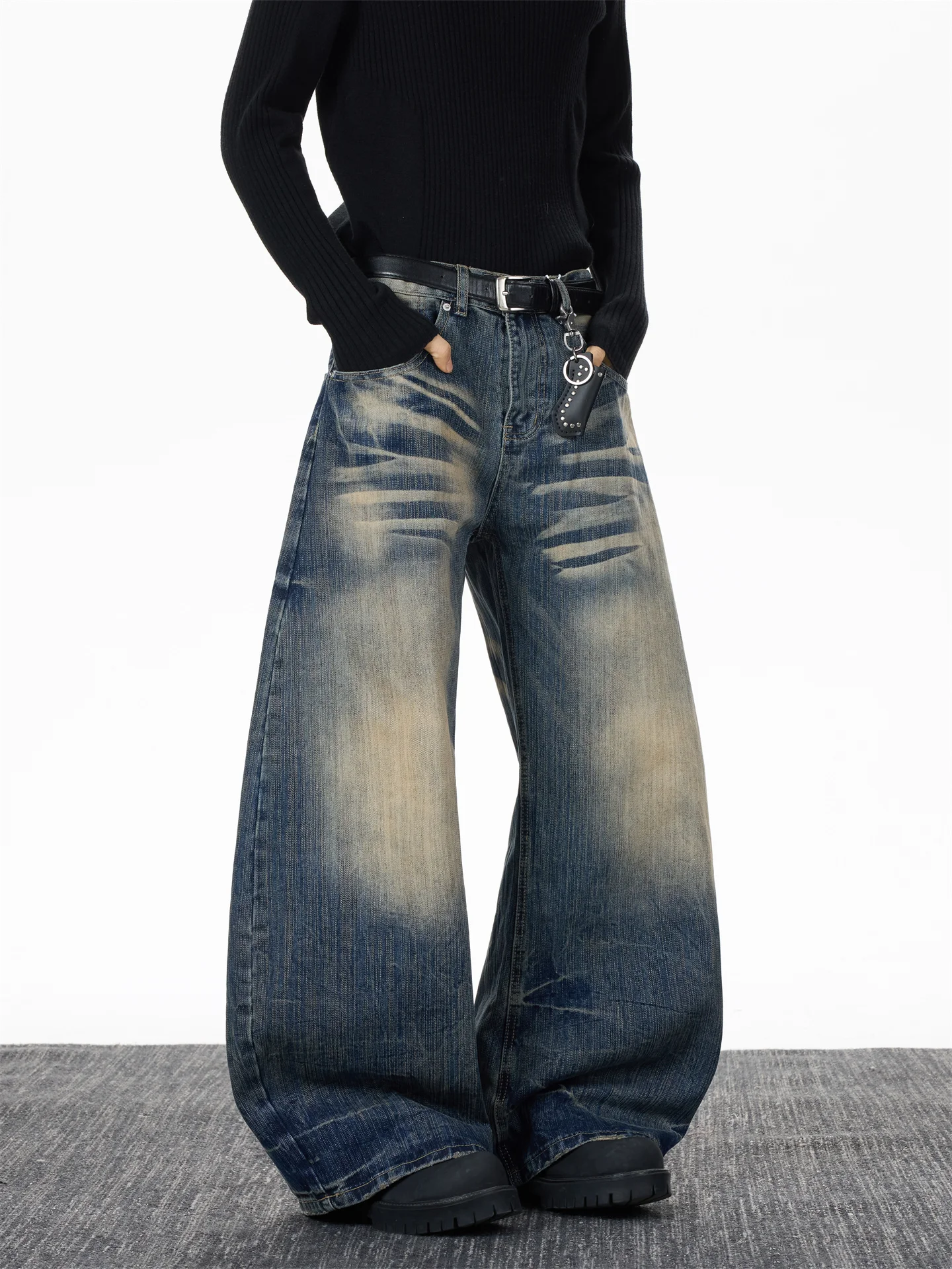 

Ретро-синие джинсы с узором «Бамбуковые узлы», свободные, прямого кроя, повседневные, осенние, молодежные, модные