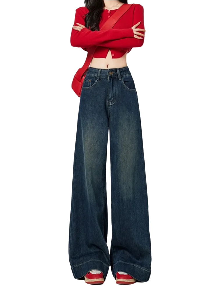 New Retro Blue High Waist Women Jeans New Slim Fashion Woman Jeans Blue Street Casual Loose Wide Leg Pants Female Chicly