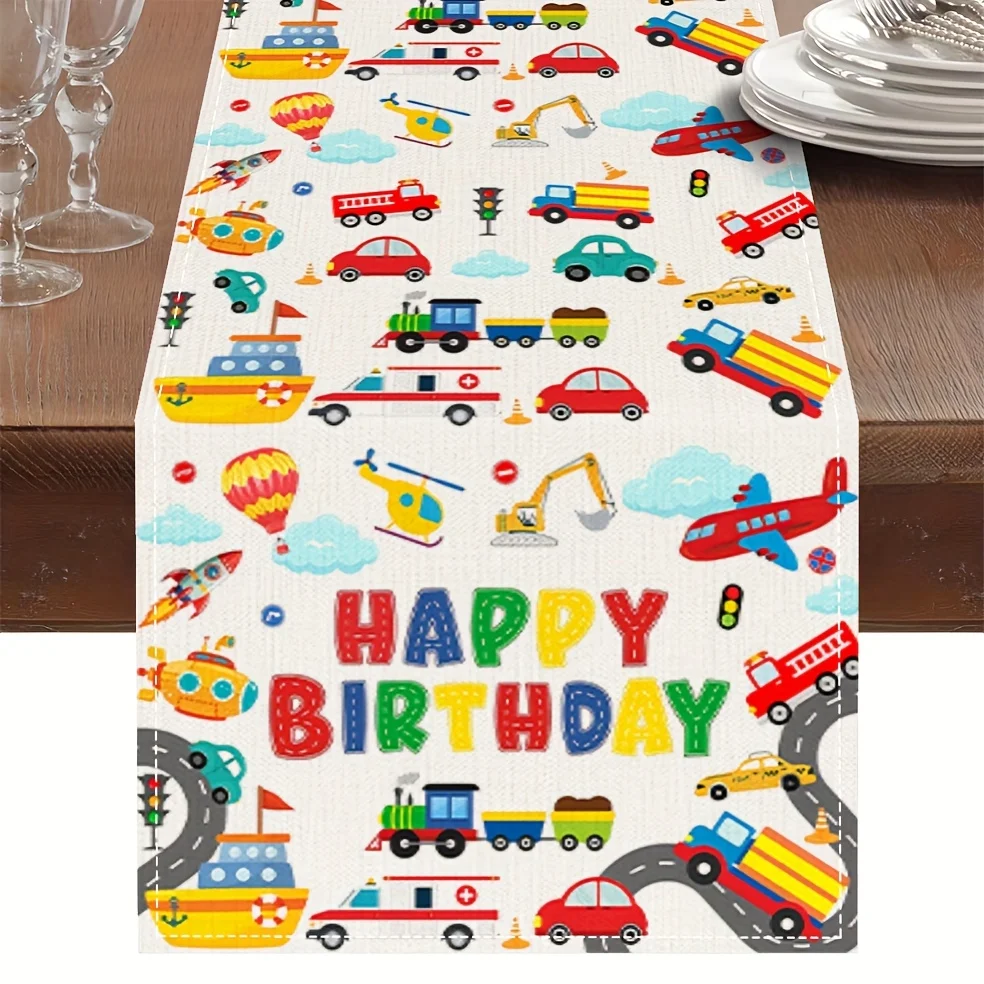 1pc Colorful Transportation-Themed Happy Birthday Table Runner Suitable For Festive Dining And Family Gatherings Dec
