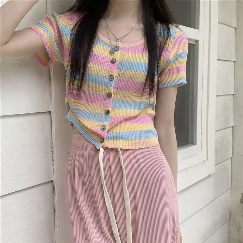 Women's 2026 Summer Hong Kong Vintage Stripe Knit Ice Silk Cropped Top Short Sleeve Sweet Hot Girl Korean Chic Y2K Trendy