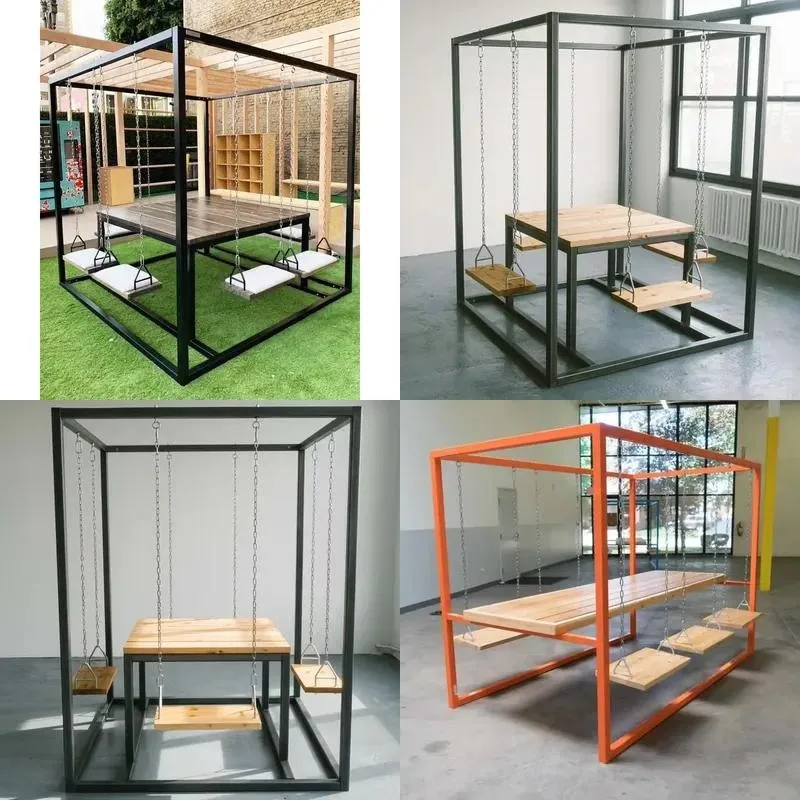 Modern Casual Powder Coated Steel Frame 4 6 8 Wooden Seats Table Sets Restaurant Hotel Outdoor Courtyard Garden Furniture