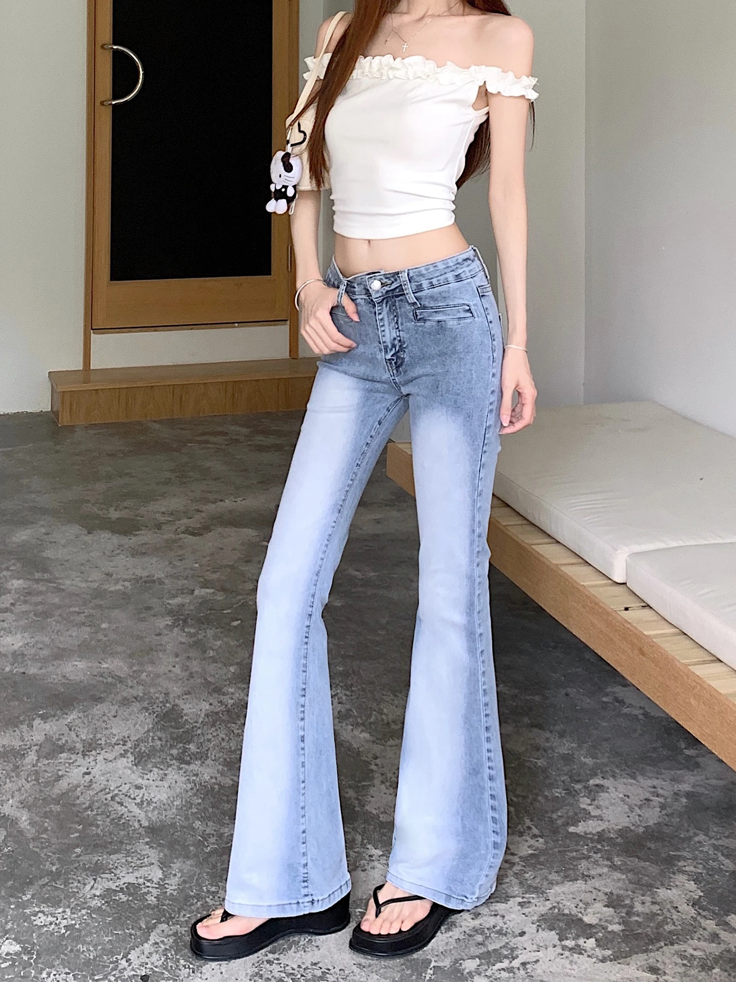 Light Blue Vintage Washed Distressed Flare Denim Jeans Women's Summer Spicy Low Waist Elastic Close Fitting Hip-lifting Trousers