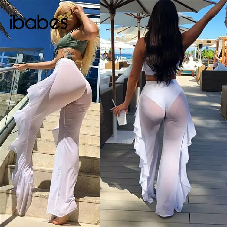 Ruffles Women Mesh Pants Sexy See Through Beach Cover Ups 2023 Summer Holiday Beach Bathing Clothing High Waist Skinny Trousers