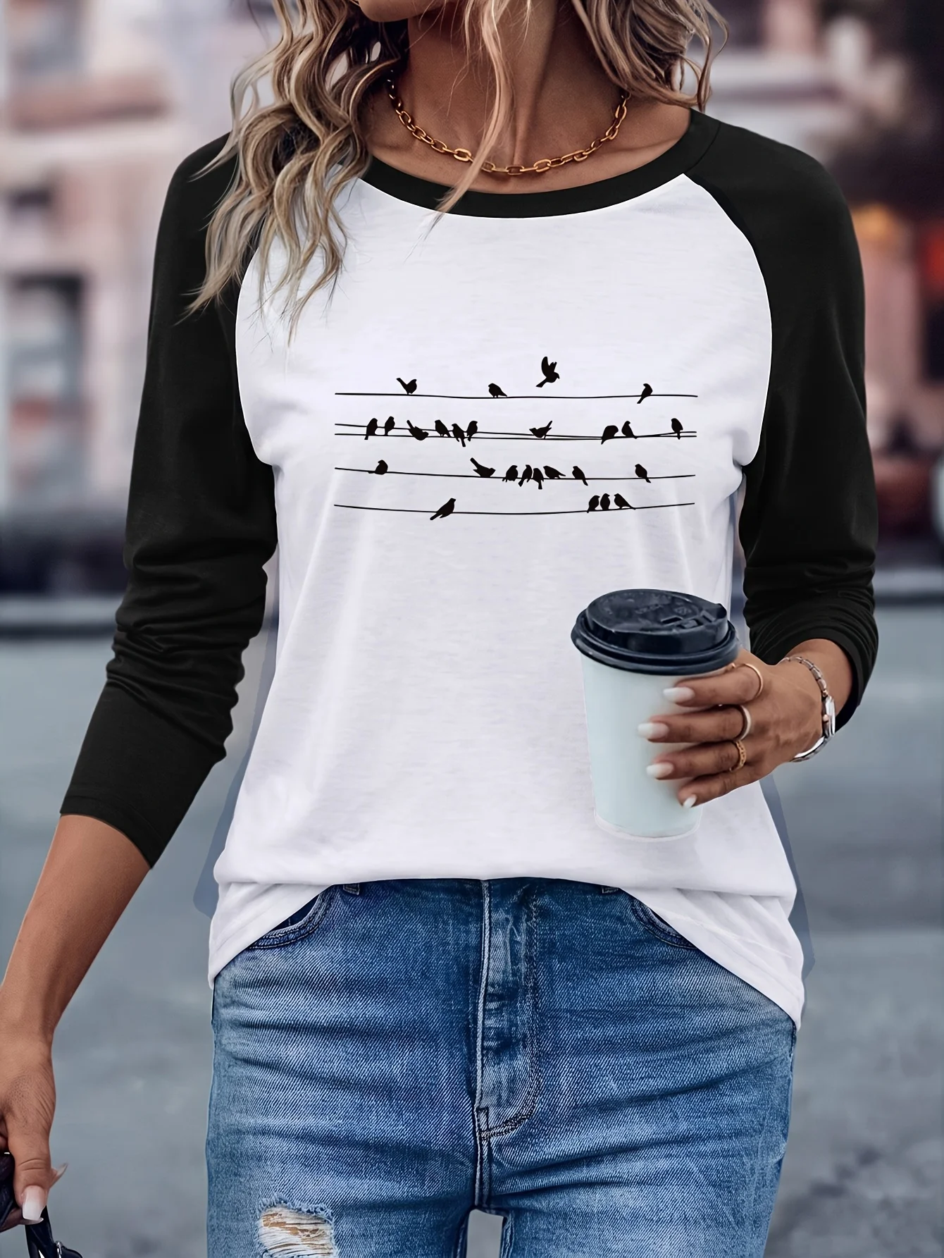 Women's European American Style Wire Birds Print T-Shirt Casual Raglan Long Sleeve Crew Neck T Shirt Trendy Casual Tops Clothes