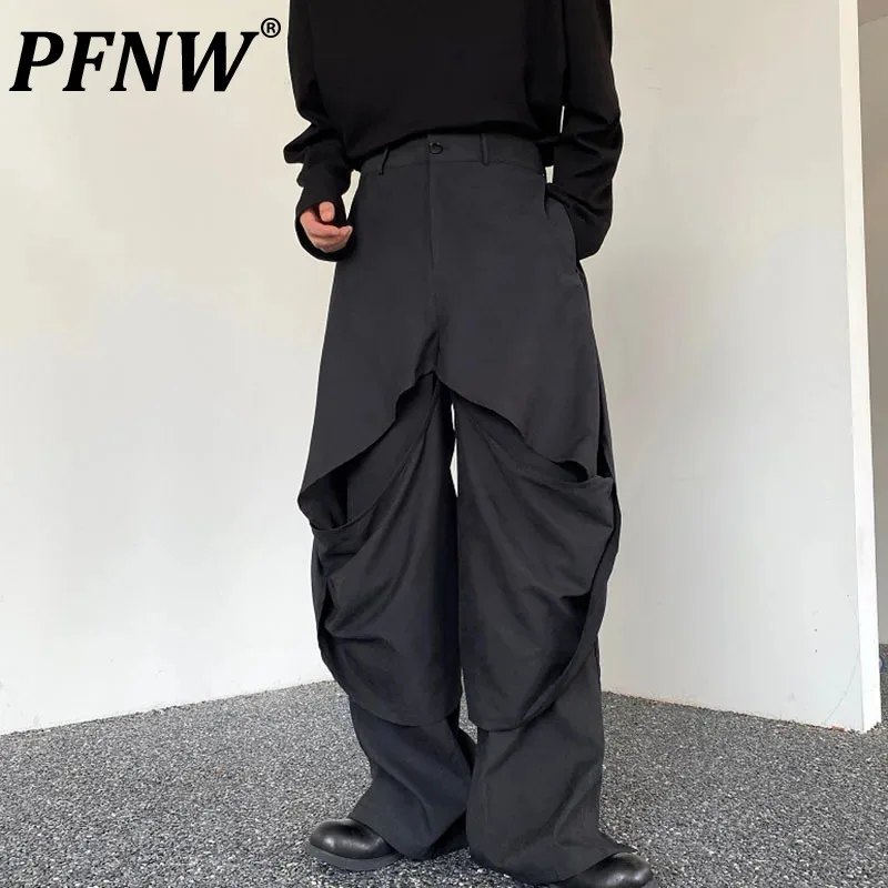 

PFNW Personality Casual Pants Double Layer Design Wide Leg Straight Dark Trend Fashionable Men Bottoms Black New Autumn 9C5597