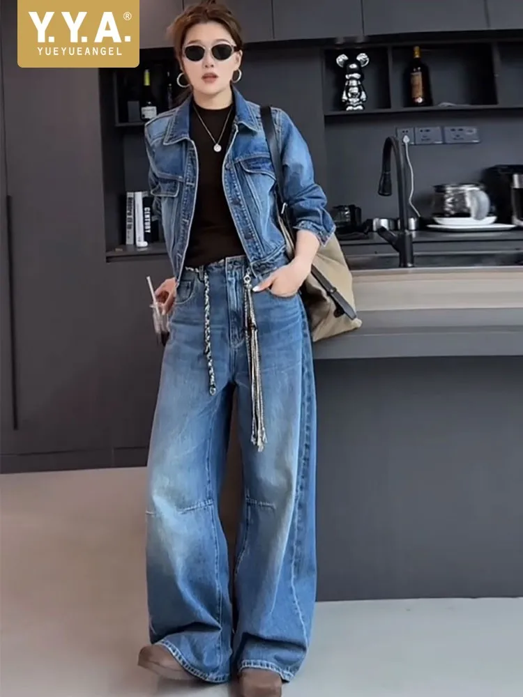 High Street Women Cargo Denim Short Jacket High Waist Wide Leg Jeans Two Piece Set Fashion Casual Streetwear Lady Matching Sets