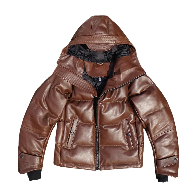 Dark Brown Winter Hooded Down Jacket Men Casual Style Plus Size 5XL Genuine Natural Thick Cowhide Diagonal Zipper Leather Coat