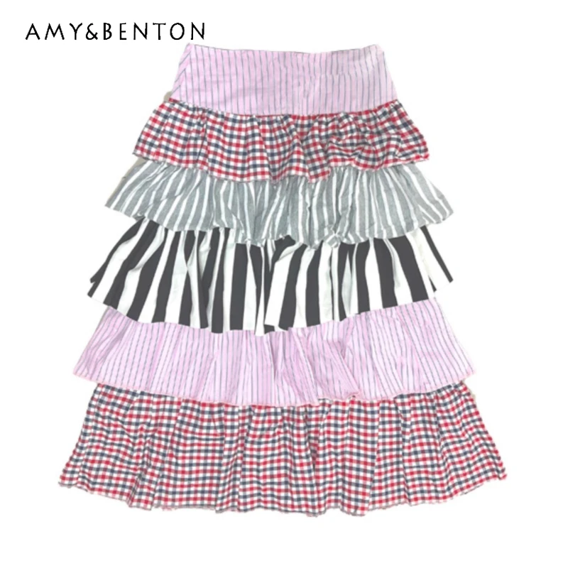 

2025 Autumn Pink Striped Splicing Women's Long Dress American Retro Winter Original Design Cute Sweet Loose Cake Dresses Ladies